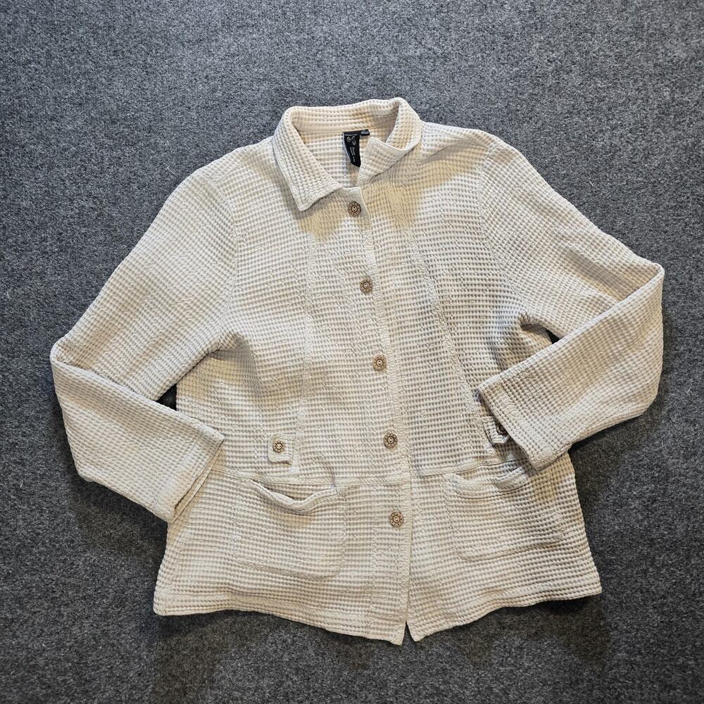 Focus Top Womens Size Medium Beige Button Waffle Knit Textured Pockets Casual